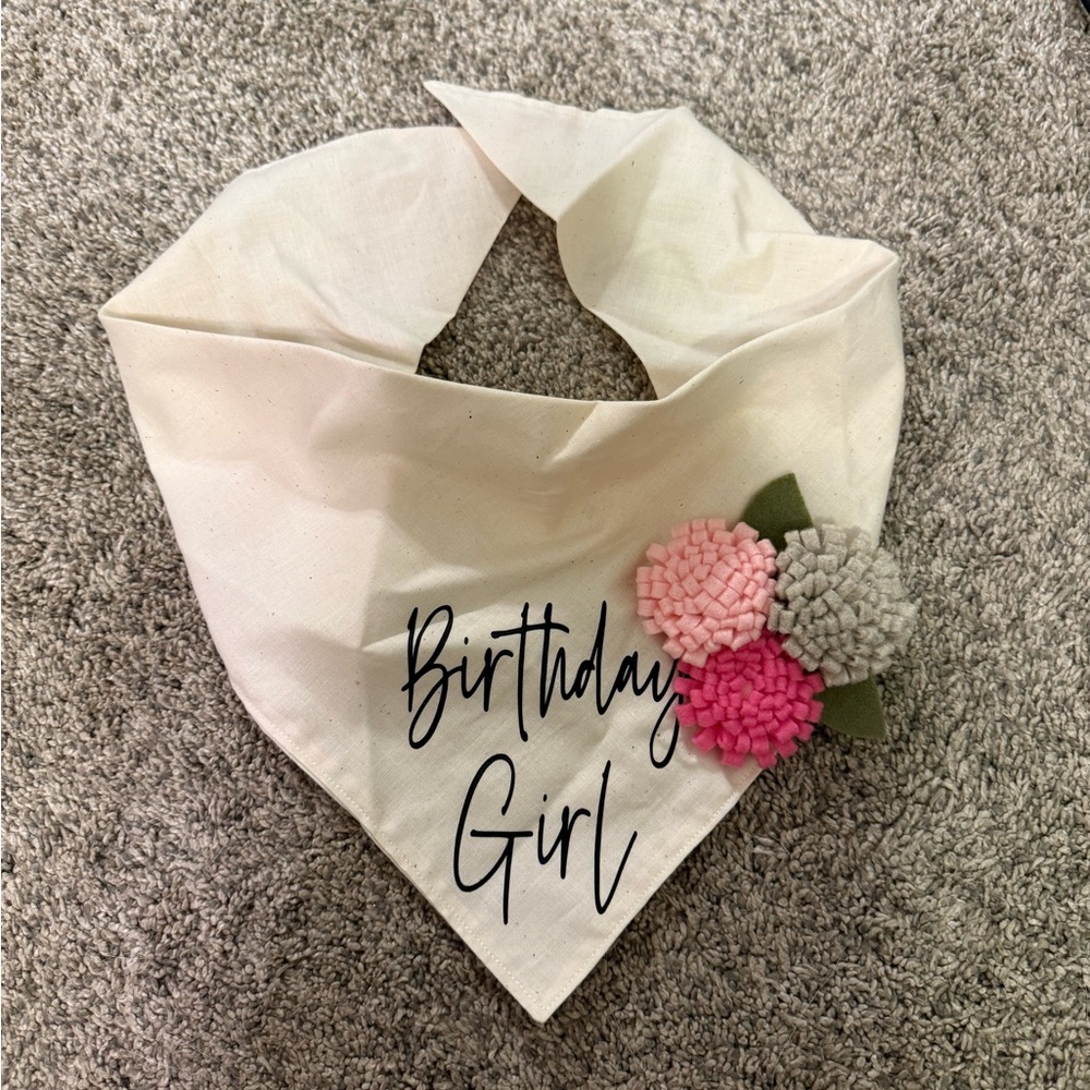 Dog Birthday Girl Bandana with Pink and Gray Flowers